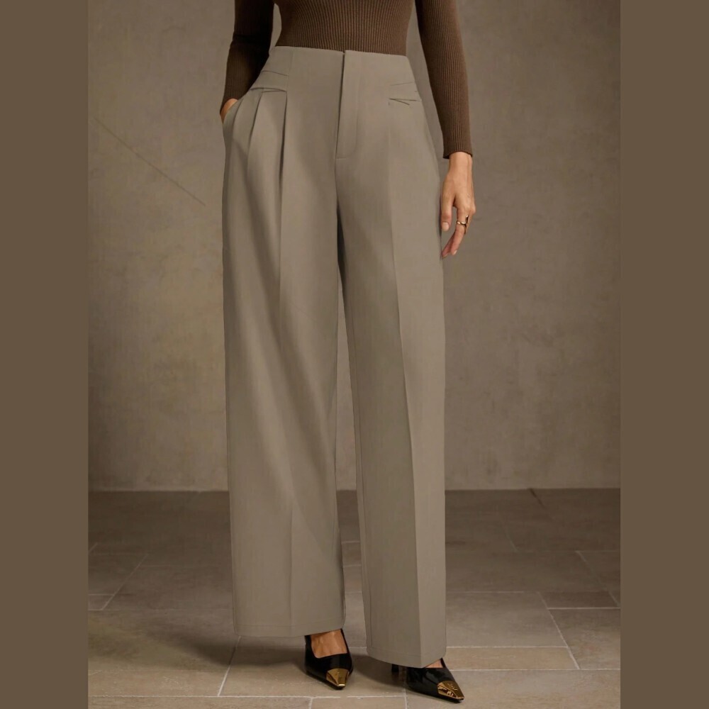Taupe Pleated High Waist Wide Leg Trouser Pants